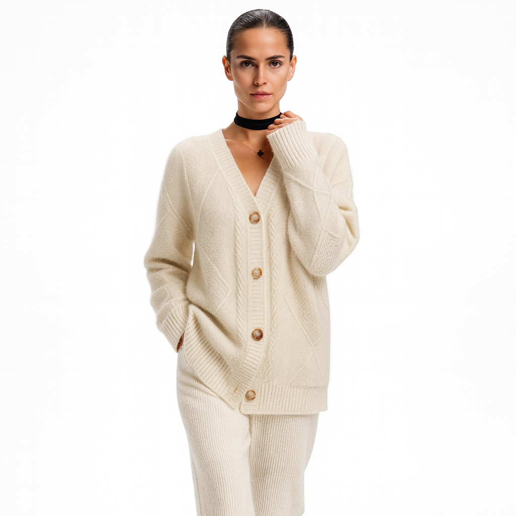 Dame Cardigan | V-Hals | Strikket Design med Jacquard Detaljer | Elegant Pendlerstil
