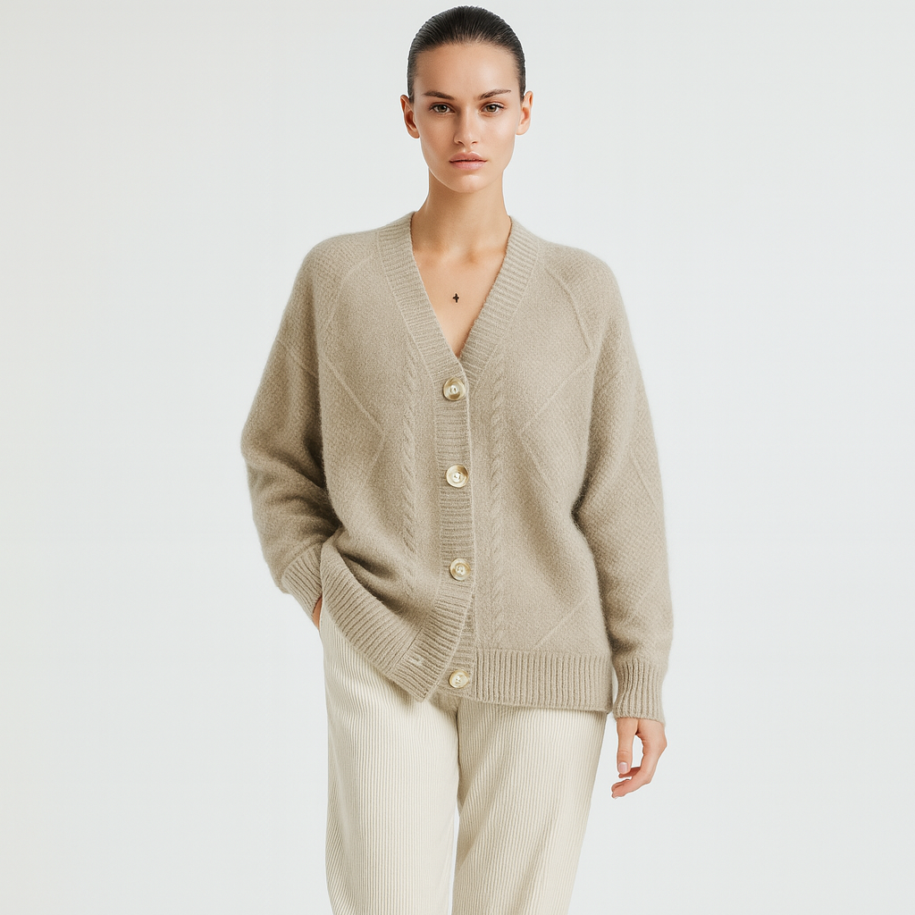 Dame Cardigan | V-Hals | Strikket Design med Jacquard Detaljer | Elegant Pendlerstil