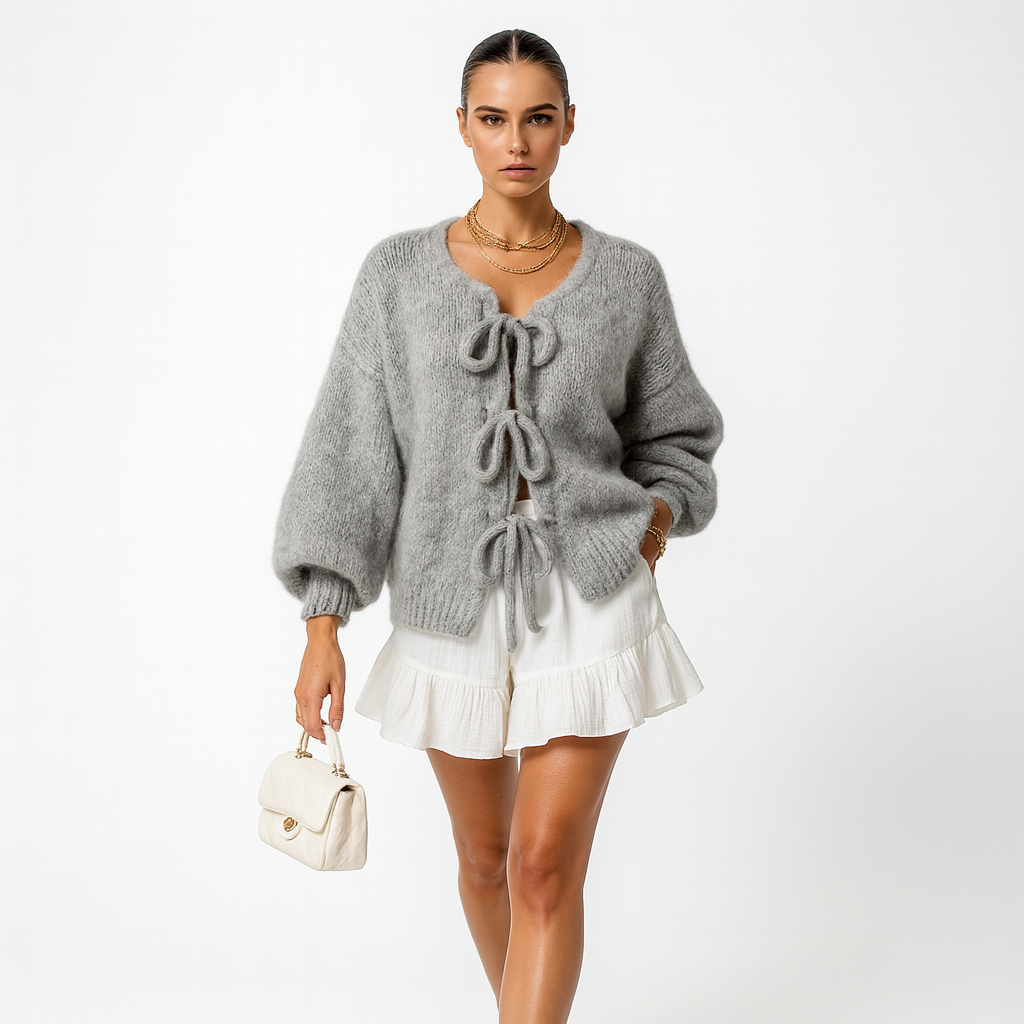 Dame Cardigan med Sløjfedetaljer | Blødt Strik | Åben Front & Lange Ærmer
