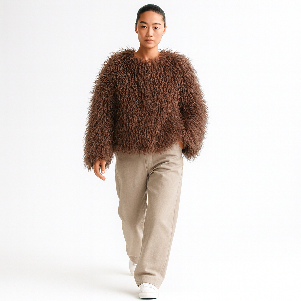 Kvinders kort faux fur jakke | Fluffy vinterfrakke | Løs pasform og luksuriøst look