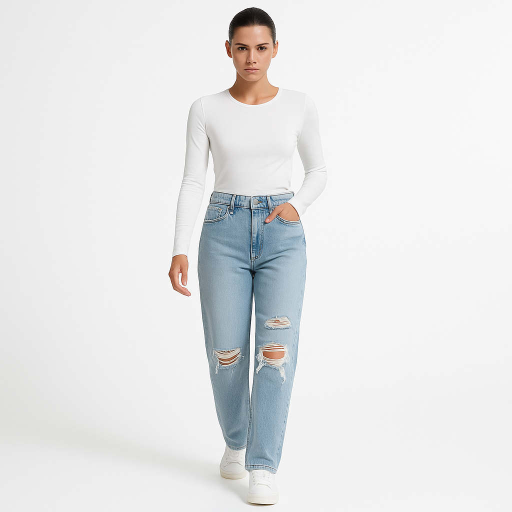 Kvinders højtaljede jeans | Patchwork denim med slidte detaljer | Lige ben