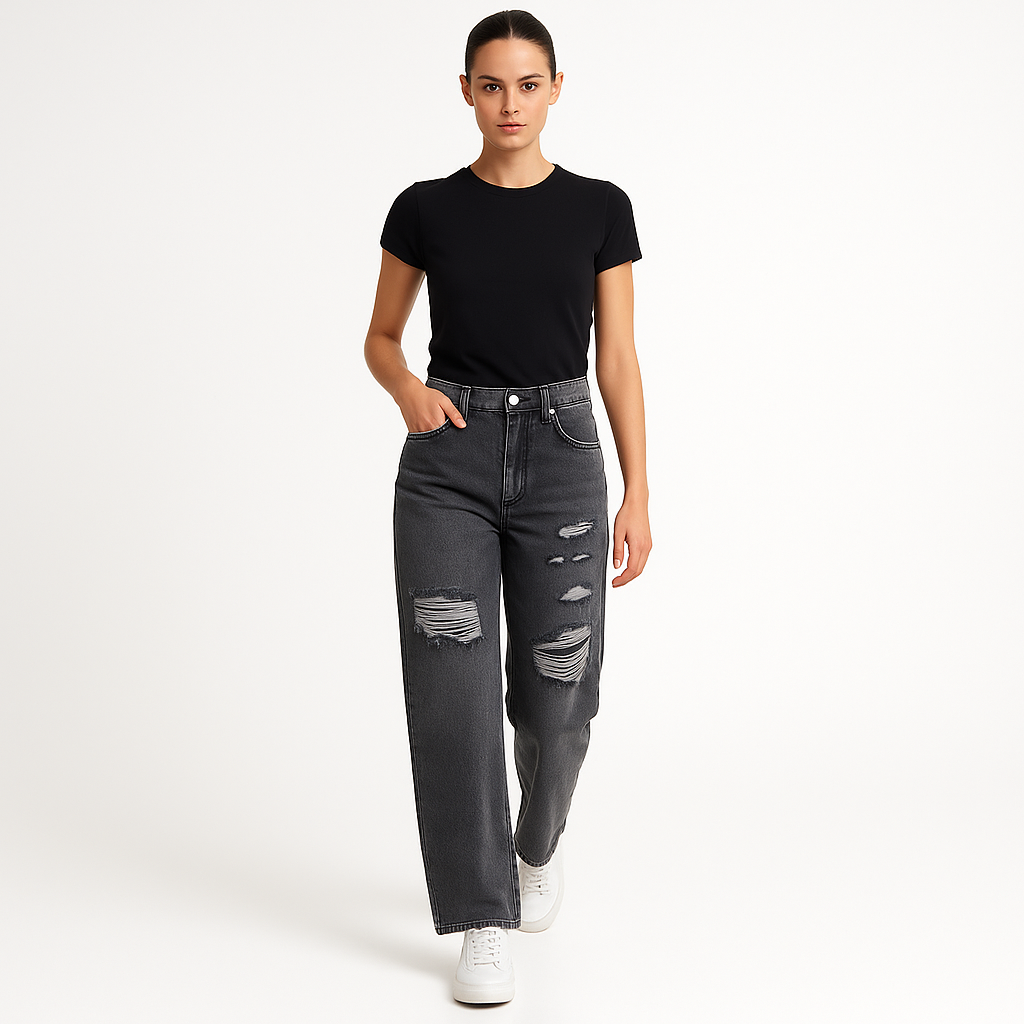 Kvinders højtaljede jeans | Patchwork denim med slidte detaljer | Lige ben