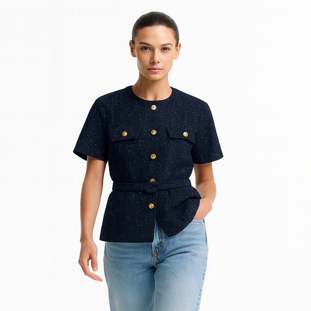 Kort jakke til kvinder | Med bælte og guldknapper | Elegant design med korte ærmer