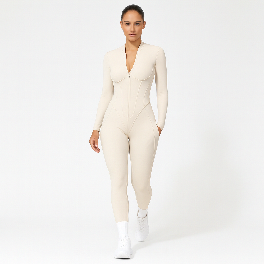Kvinders sports jumpsuit | Langærmet yogadragt | Figursyet og åndbar pasform