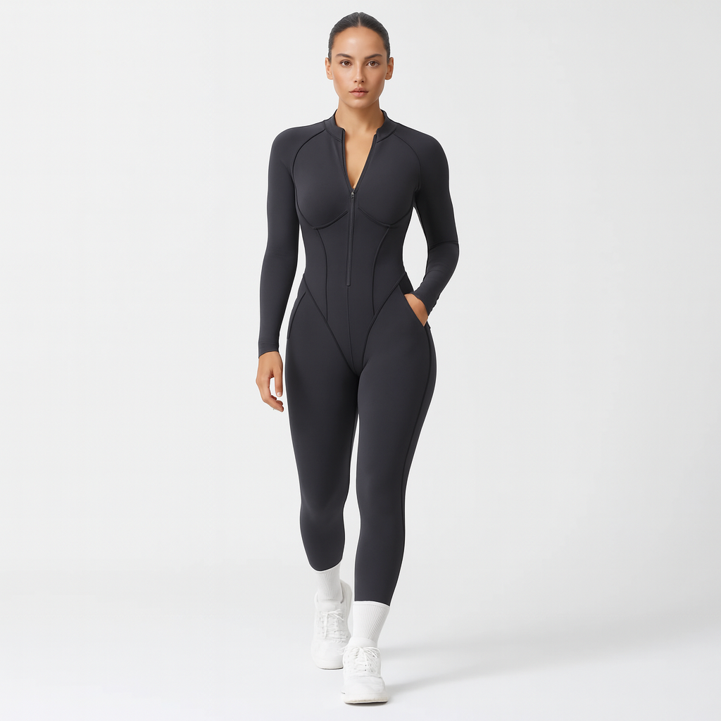 Kvinders sports jumpsuit | Langærmet yogadragt | Figursyet og åndbar pasform