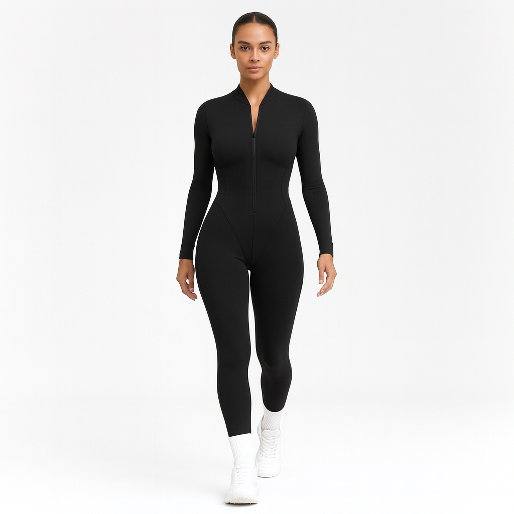 Kvinders sports jumpsuit | Langærmet yogadragt | Figursyet og åndbar pasform