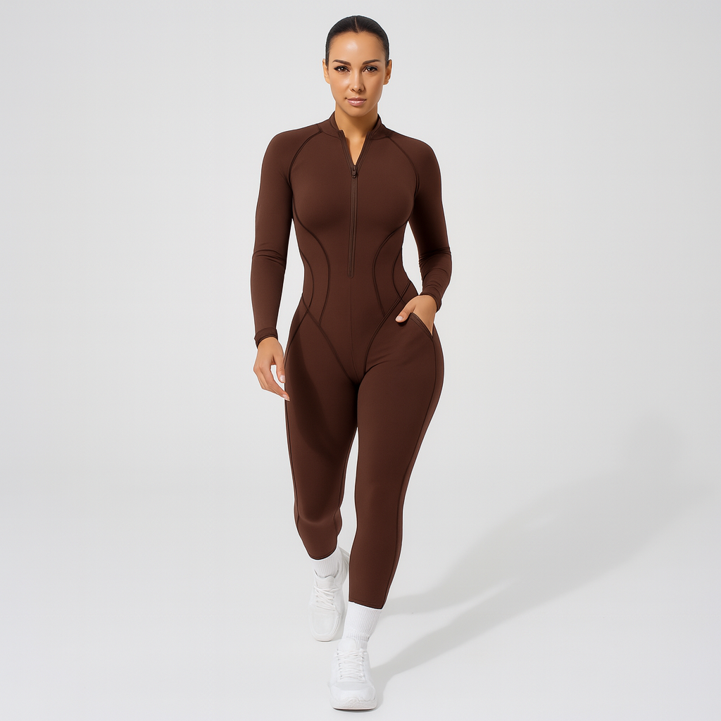 Kvinders sports jumpsuit | Langærmet yogadragt | Figursyet og åndbar pasform