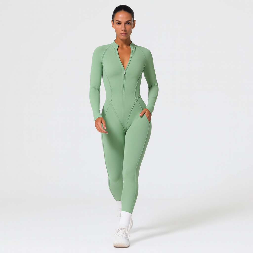 Kvinders sports jumpsuit | Langærmet yogadragt | Figursyet og åndbar pasform