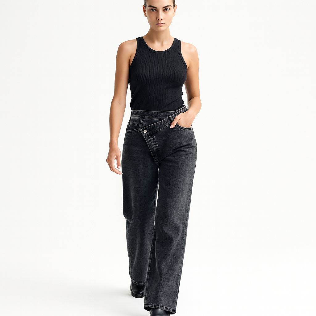 Kvinders jeans med asymmetrisk talje | Vide ben | Moderne design i lys denim