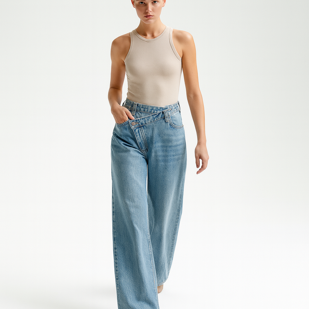 Kvinders jeans med asymmetrisk talje | Vide ben | Moderne design i lys denim
