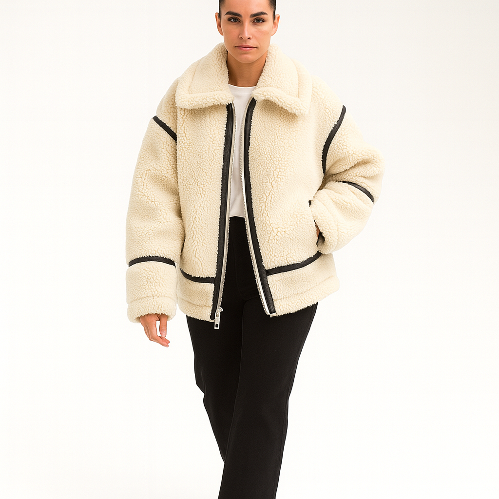 Beige fleecejakke til kvinder | Blød og varm med teddyfor | Oversized pasform