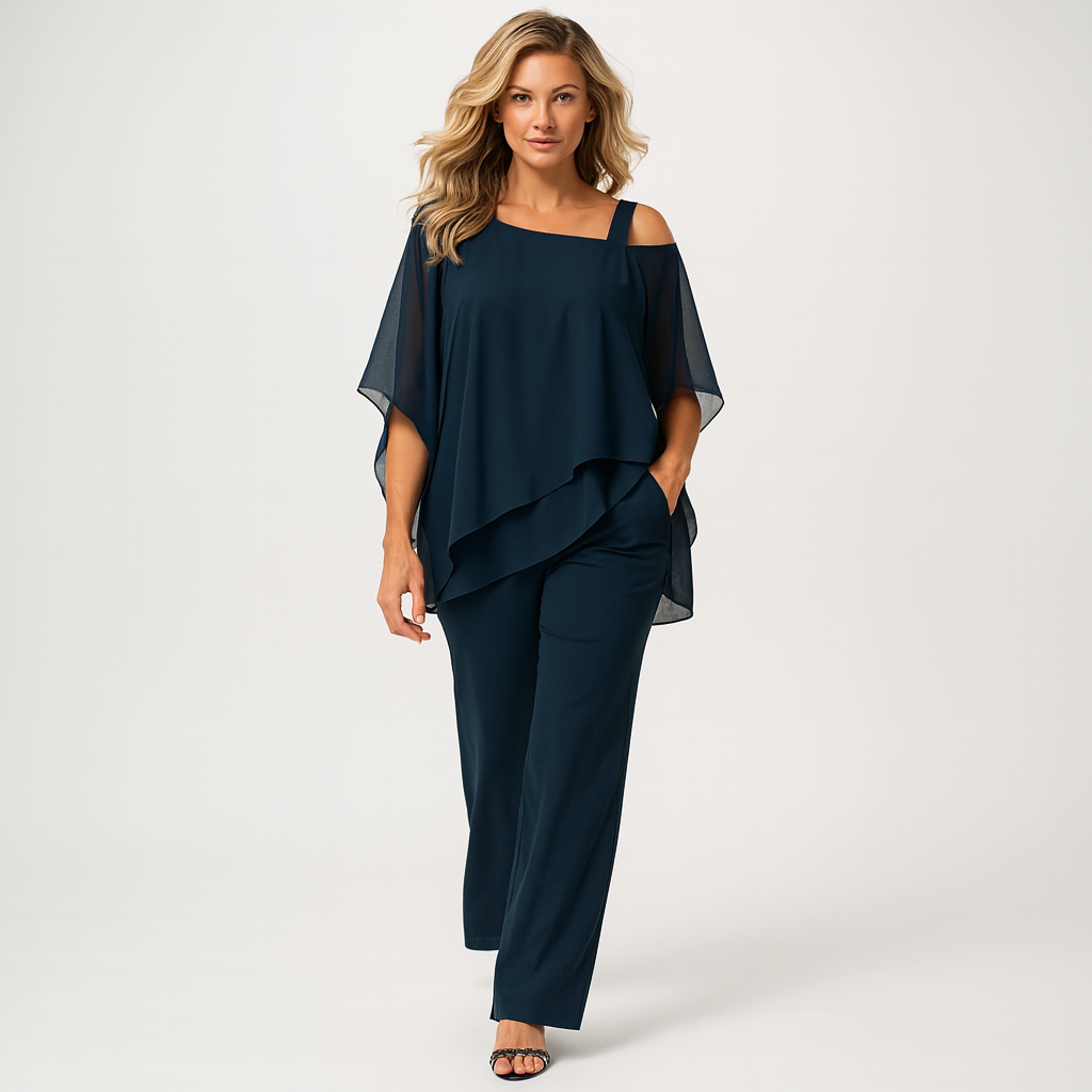 Kvinders Off-Shoulder Buksedragt i Let Lag-Poncho Stil | Elegant To-delt Sæt til Fest og Hverdag