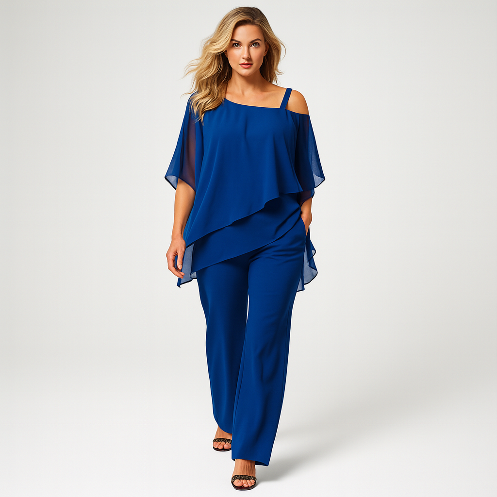 Kvinders Off-Shoulder Buksedragt i Let Lag-Poncho Stil | Elegant To-delt Sæt til Fest og Hverdag