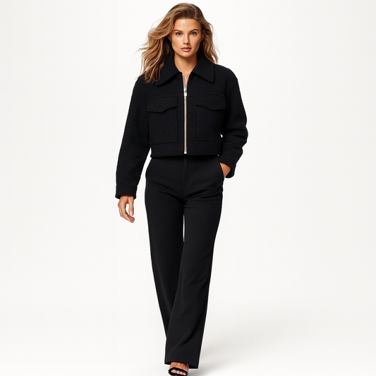 Kvinders Uldjakke med Lynlås og Lommer | Kort Snit | Varm og Stilfuld