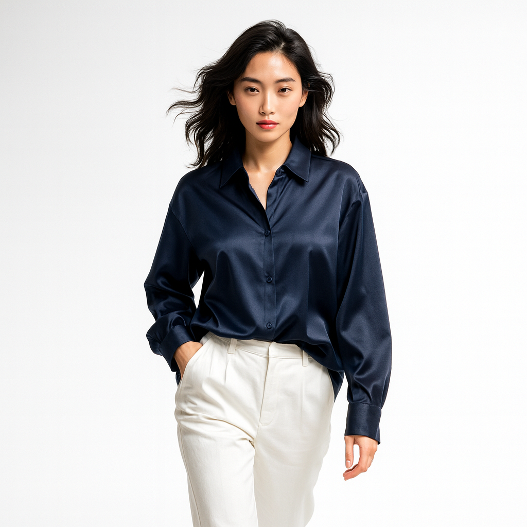 Kvinders Satin Skjorte med Knaplukning | Løs Pasform | Elegant Bluse til Forår og Efterår