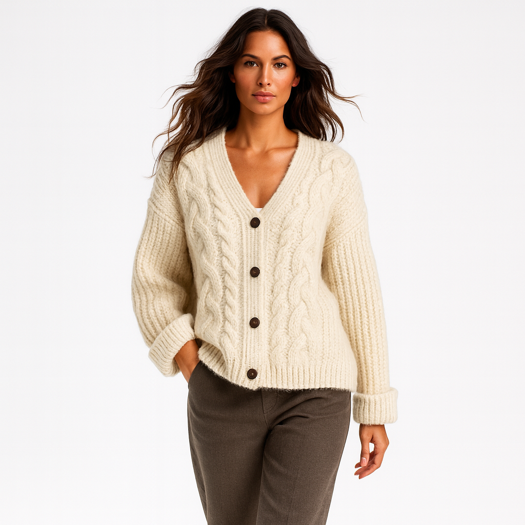 Kvinders Strikket Cardigan med V-udskæring | Løs Pasform | Varm og Elegant til Efterår og Vinter