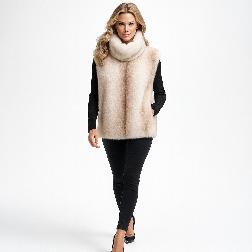 Kvinders Imitationspels Vest med Høj Krave | Ærmeløs Design | Elegant og Varm til Efterår og Vinter