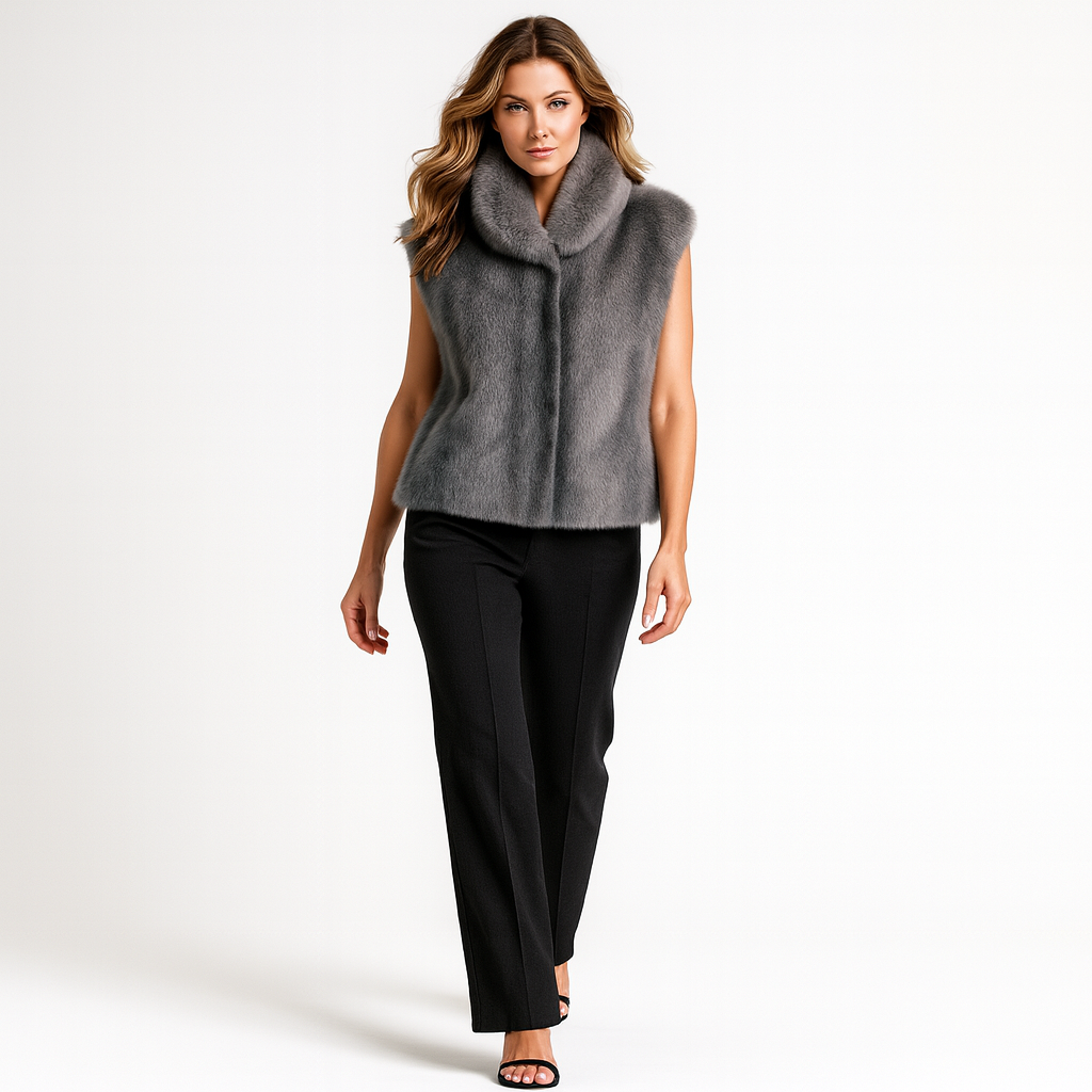Kvinders Imitationspels Vest med Høj Krave | Ærmeløs Design | Elegant og Varm til Efterår og Vinter