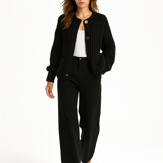 Dame cardigan i strik | Rund hals | Enkel knaplukning og løs pasform