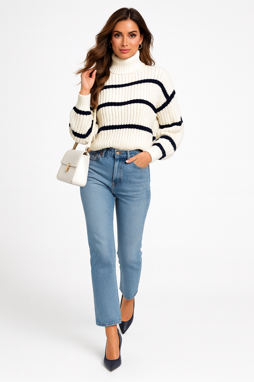 Dame striktrøje med høj hals | Løs pasform | Afslappet stribet design