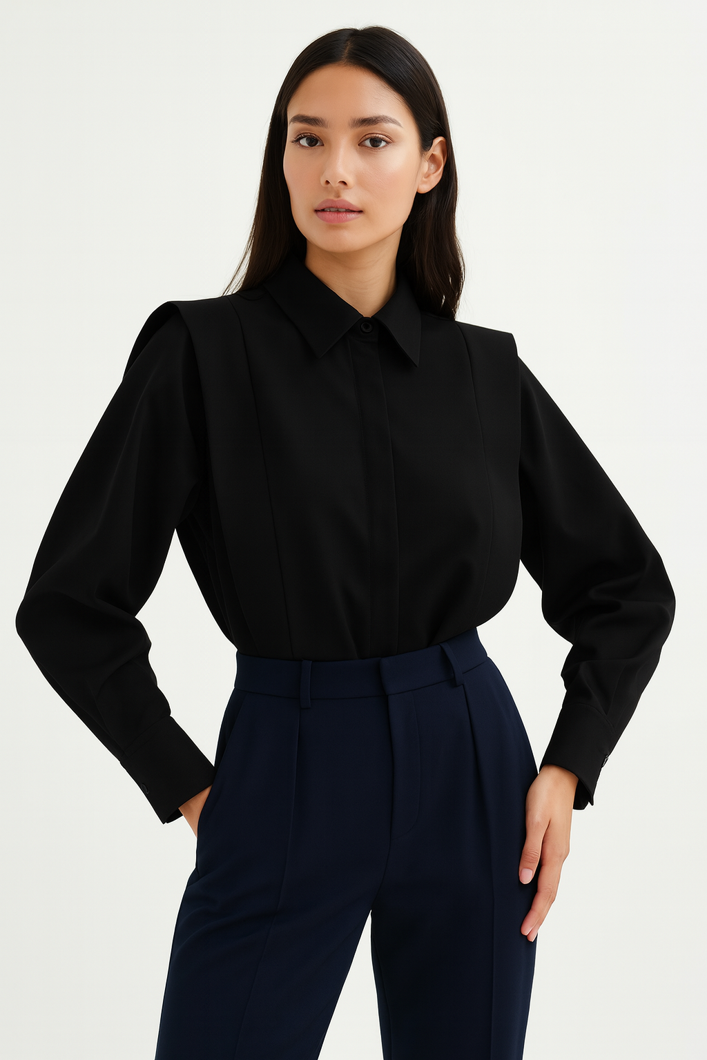 Elegant Skjorte til Kvinder | Strukturdesign med Skulderdetaljer | Klassisk Knaplukning