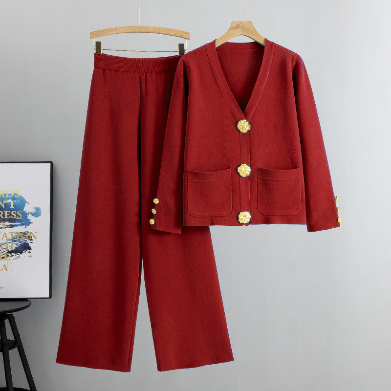 Dame Sæt | Cardigan med Guldknapper & Vide Bukser | Elegant & Komfortabel