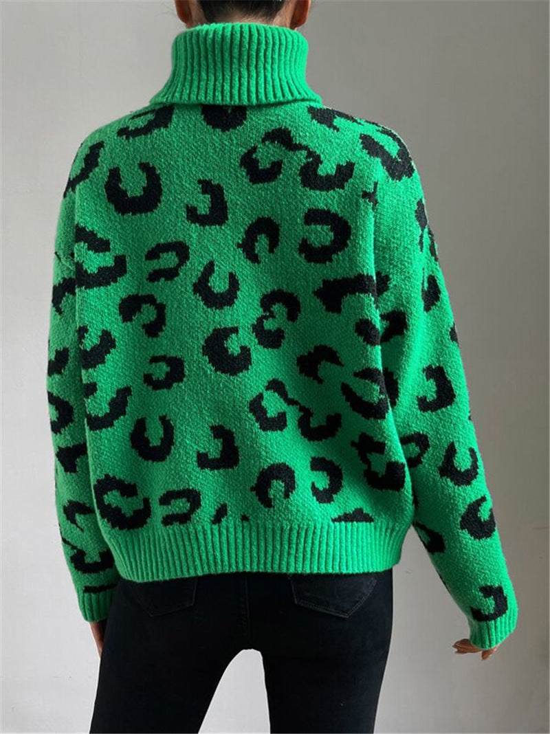 Elegant Grøn Leopard Striktrøje til Kvinder | Varm Rullekrave og Blødt Materiale