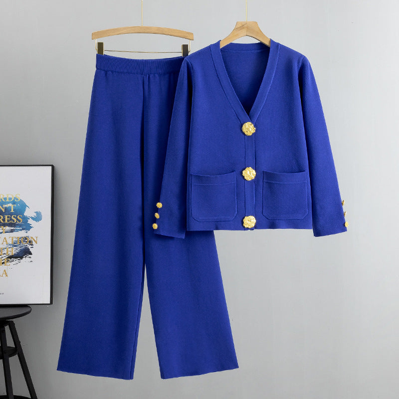 Dame Sæt | Cardigan med Guldknapper & Vide Bukser | Elegant & Komfortabel