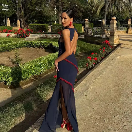 Kjole med farveblok og rygløs design til kvinder | A-formet festkjole