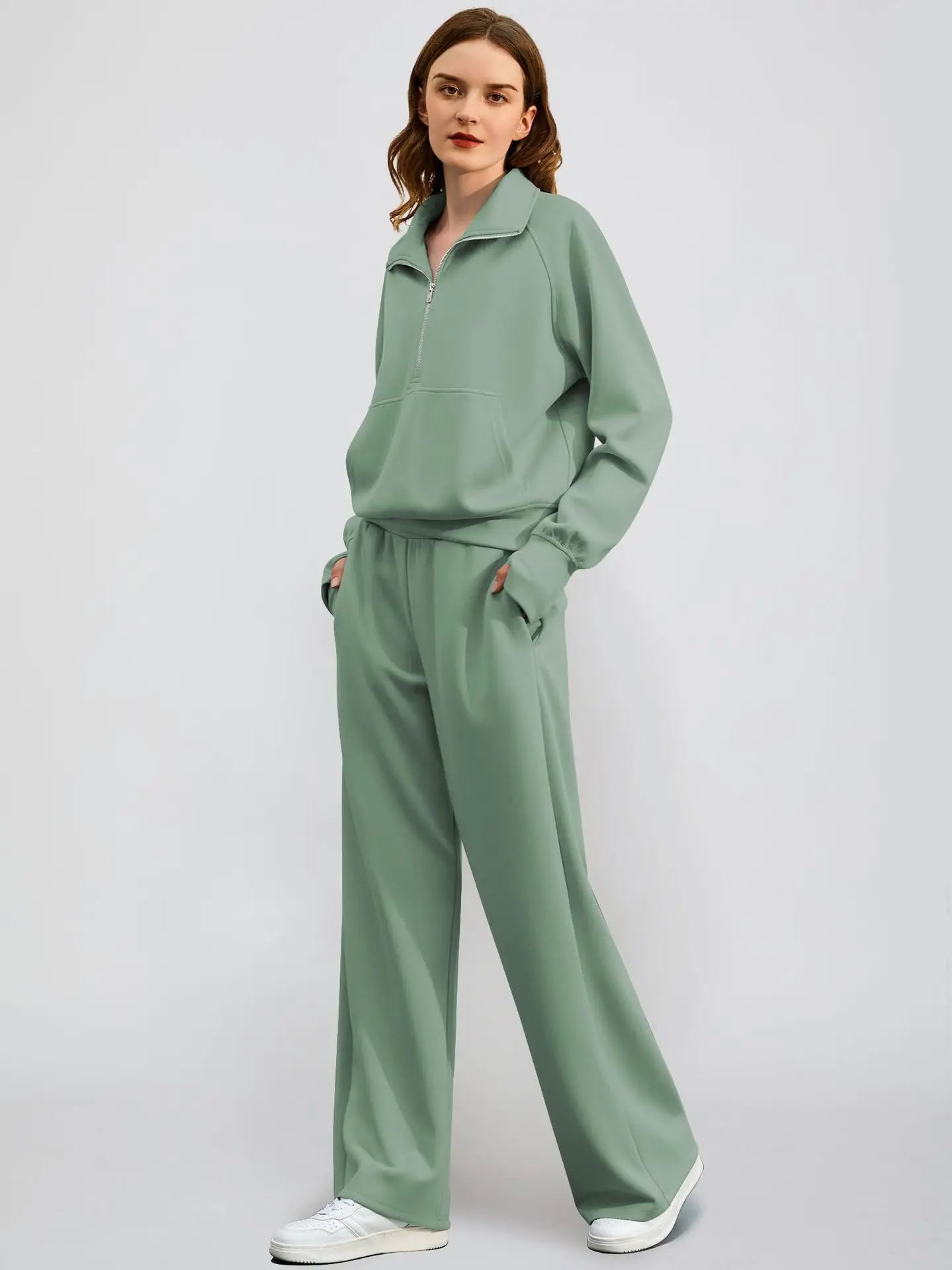 Dame Jogging Sæt | Halv Lynlås Sweatshirt & Vide Bukser | Komfortabelt & Stilrent To-delt Sæt