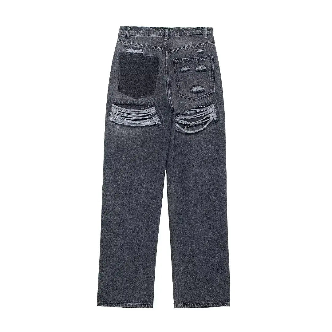 Kvinders højtaljede jeans | Patchwork denim med slidte detaljer | Lige ben