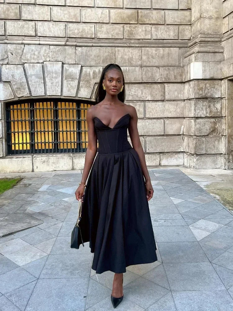 Strapless corsagekjole til kvinder | A-formet midikjole | Elegant fest- og eventkjole