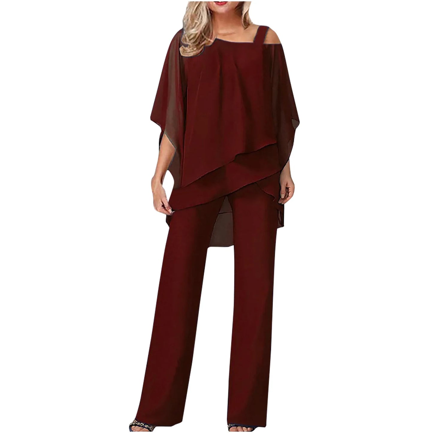 Kvinders Off-Shoulder Buksedragt i Let Lag-Poncho Stil | Elegant To-delt Sæt til Fest og Hverdag