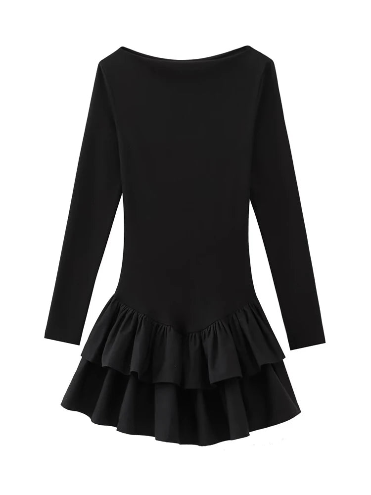 Kort kjole med lagdelt skørt | Lange ærmer | Elegant O-hals design