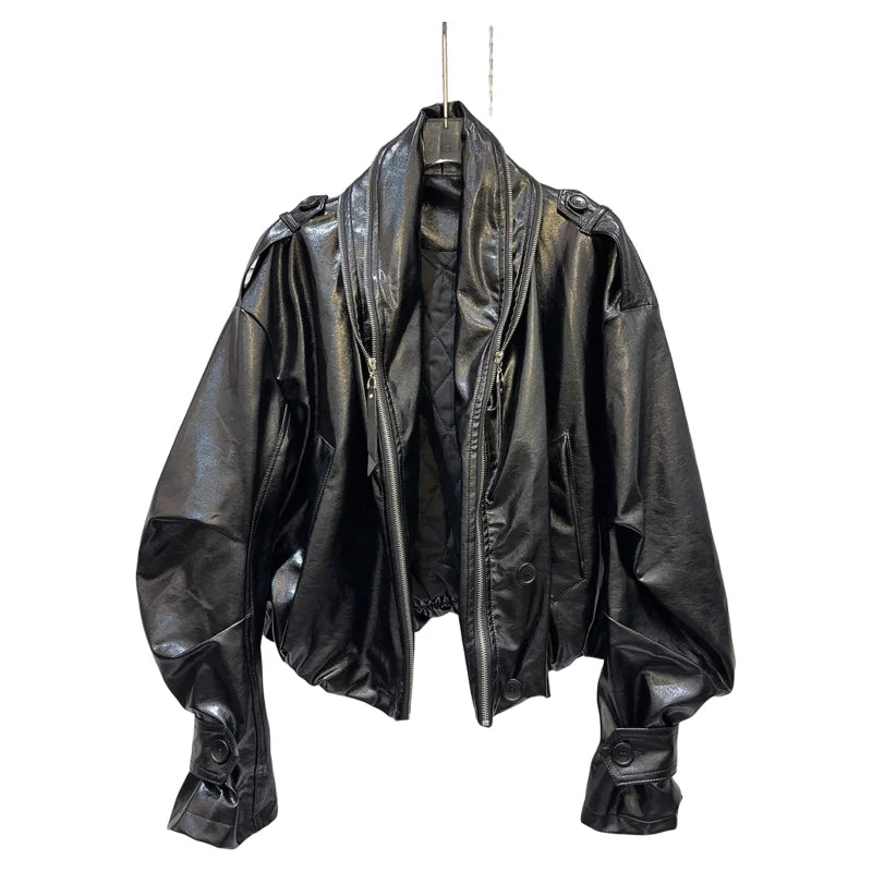 Elegant Kort Faux Leather Jakke Med Dobbeltlukning