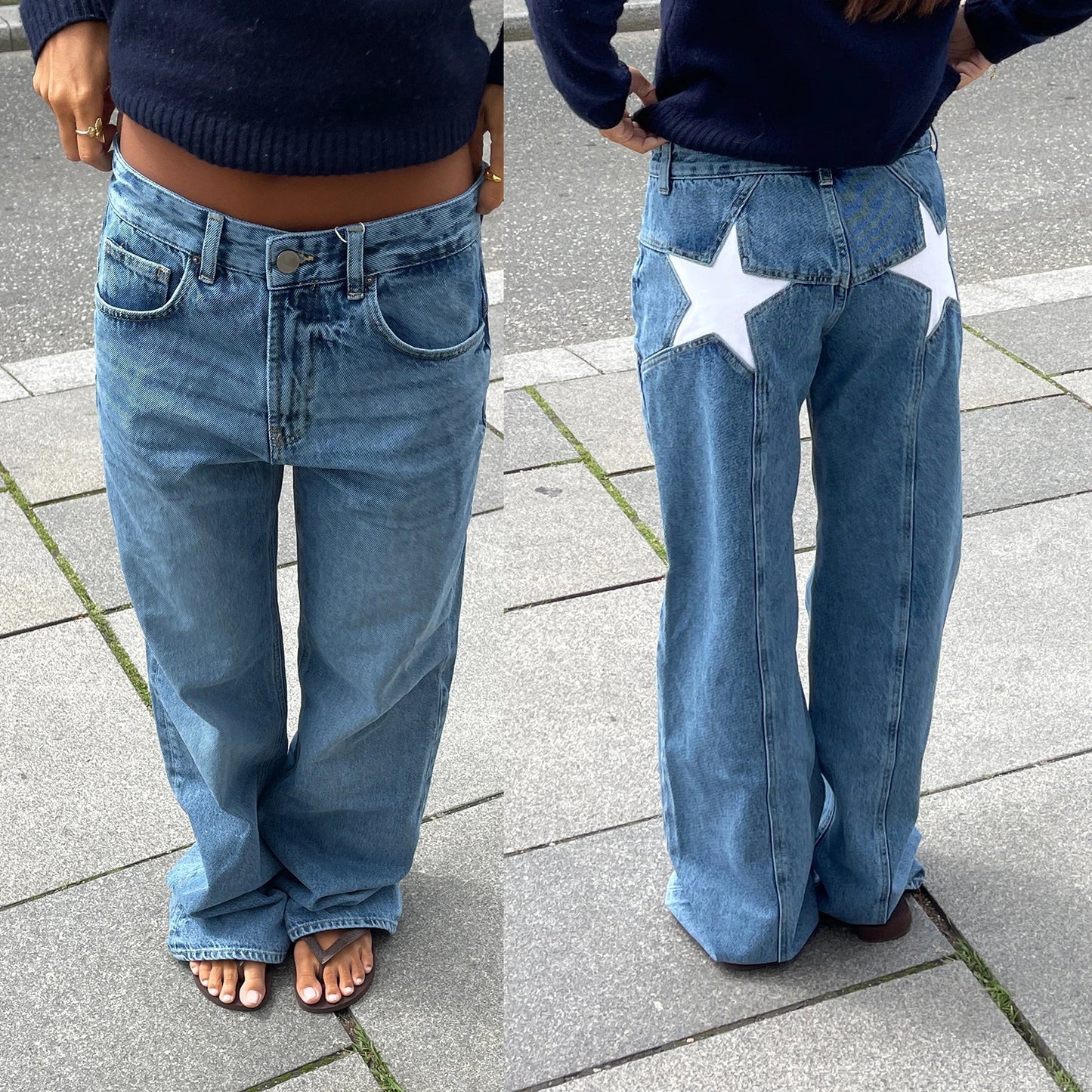 Dame Jeans med Stjerneprint | Løs Pasform | Lav Talje | Vintage Y2K Denim Bukser