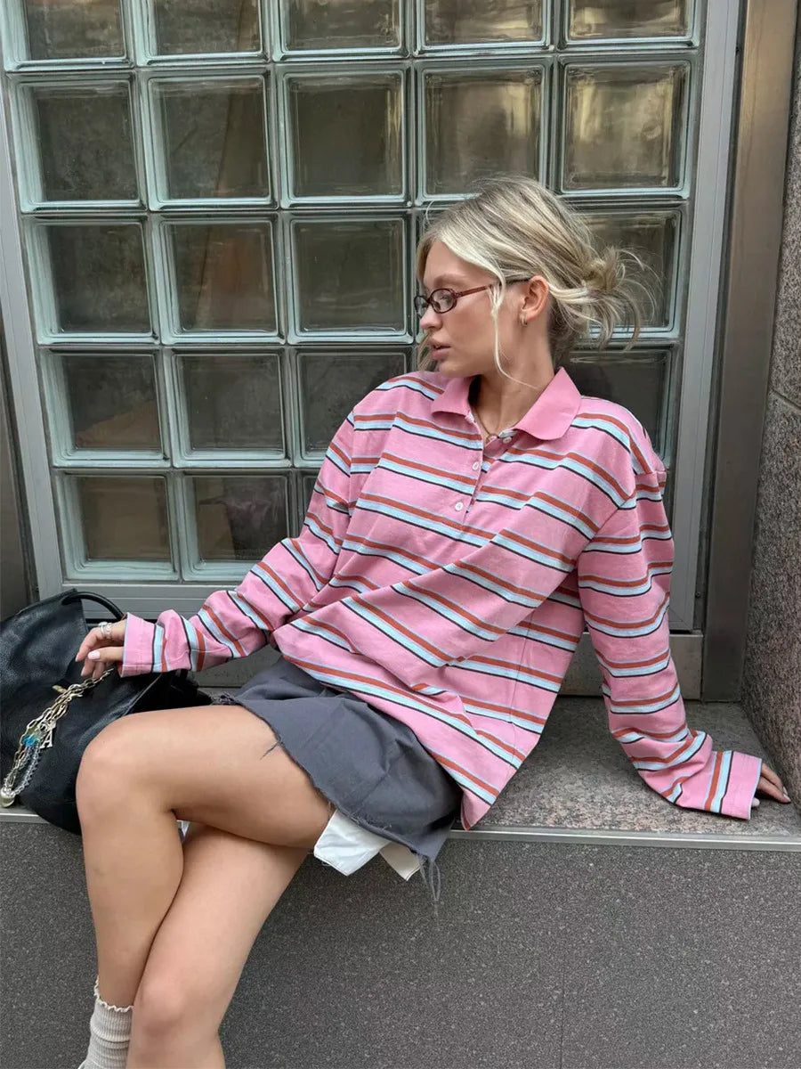 Langærmet T-shirt til Kvinder | Button Lapel | Stribet Casual Top | Slim Fit