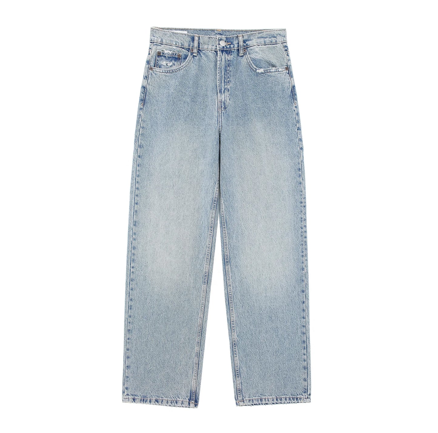 Kvinders højtaljede jeans | Patchwork denim med slidte detaljer | Lige ben