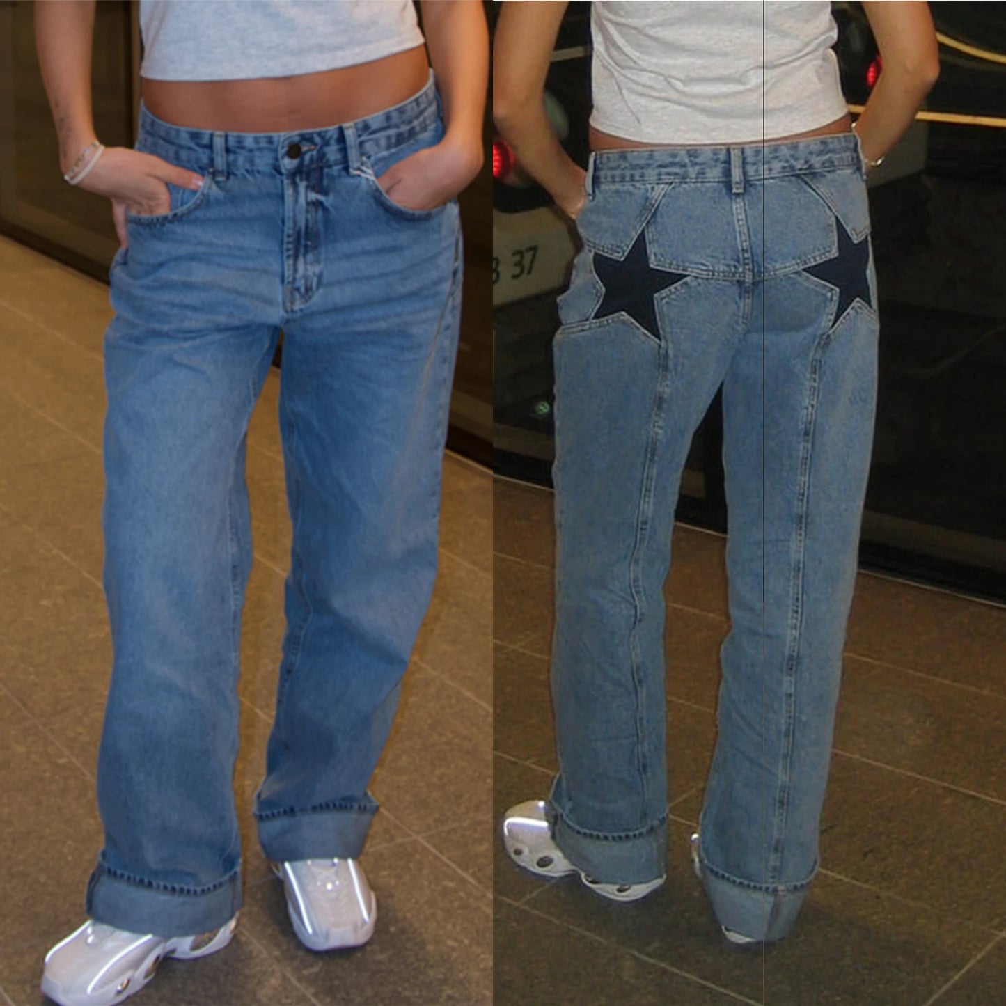 Dame Jeans med Stjerneprint | Løs Pasform | Lav Talje | Vintage Y2K Denim Bukser