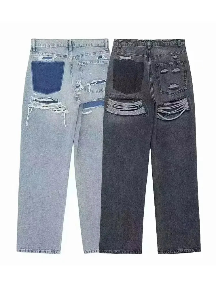 Kvinders højtaljede jeans | Patchwork denim med slidte detaljer | Lige ben