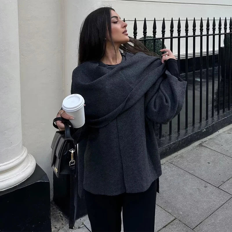 Asymmetrisk damejakke med sjalkrave | Blød pluchekvalitet | Elegant lagdelt design