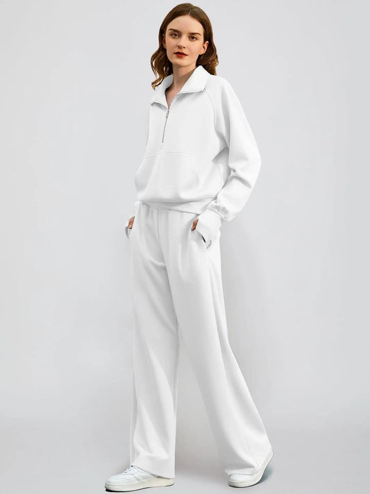 Dame Jogging Sæt | Halv Lynlås Sweatshirt & Vide Bukser | Komfortabelt & Stilrent To-delt Sæt
