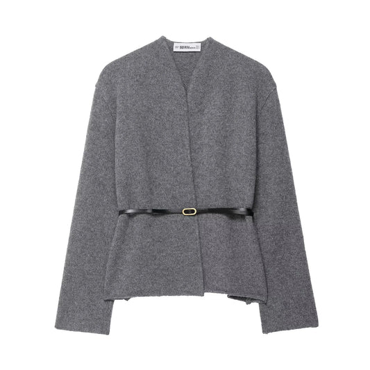 Elegant cardigan med v-udskæring, bælte og tidløs uldinspireret struktur