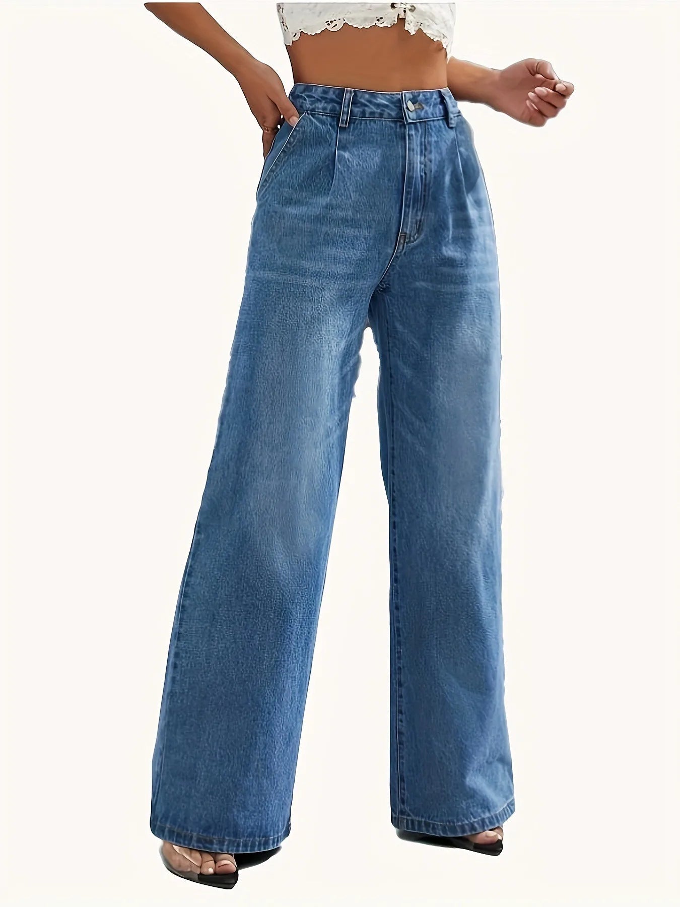 Kvinders jeans med vide ben | Højtaljede straight fit bukser | Klassisk denim til hverdagsbrug
