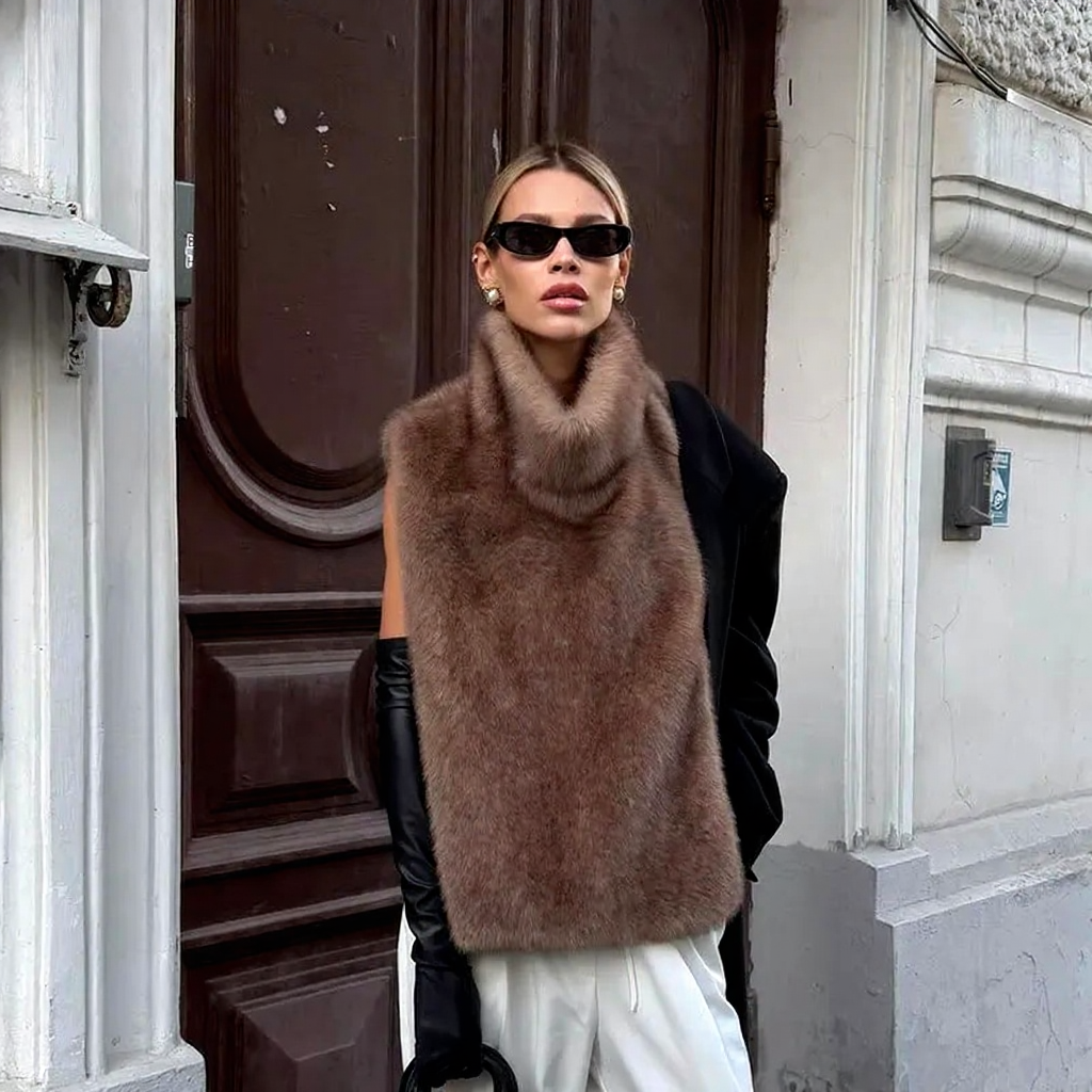 Kvinders Imitationspels Vest med Høj Krave | Ærmeløs Design | Elegant og Varm til Efterår og Vinter