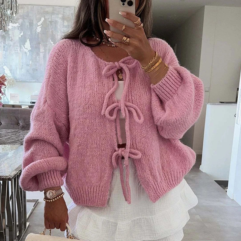 Dame Cardigan med Sløjfedetaljer | Blødt Strik | Åben Front & Lange Ærmer