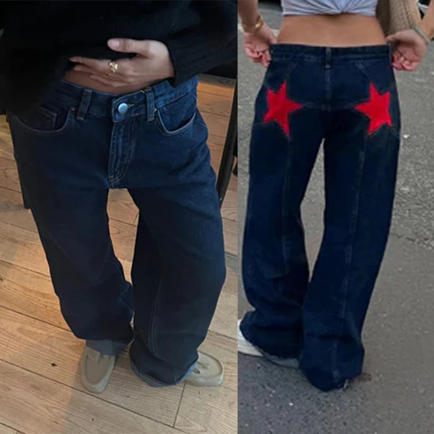 Dame Jeans med Stjerneprint | Løs Pasform | Lav Talje | Vintage Y2K Denim Bukser