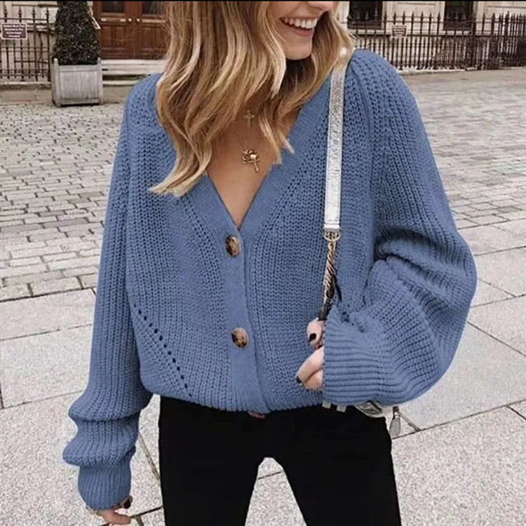 Elegant V-udskåret cardigan til kvinder | Strik med knapper | Løstsiddende pasform til efterår og vinter