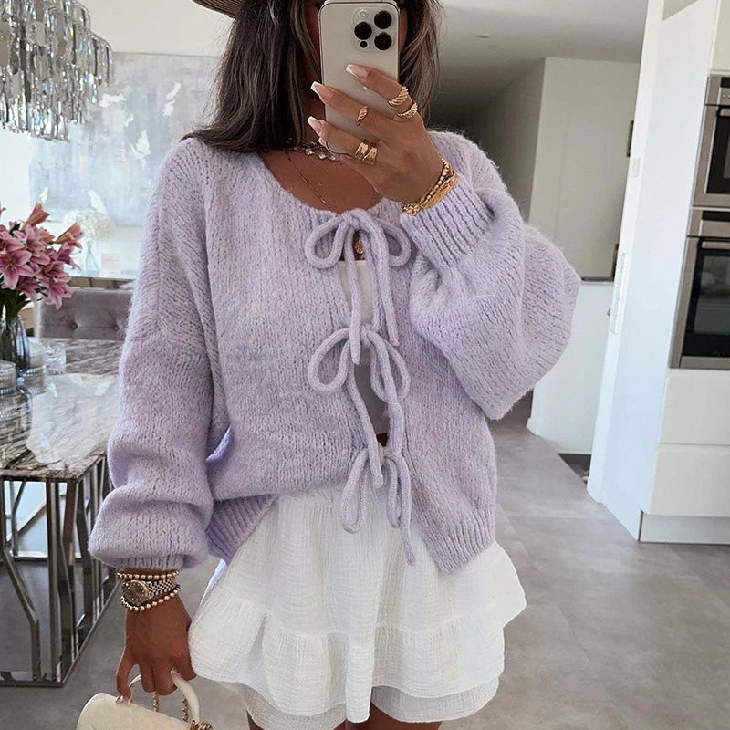 Dame Cardigan med Sløjfedetaljer | Blødt Strik | Åben Front & Lange Ærmer