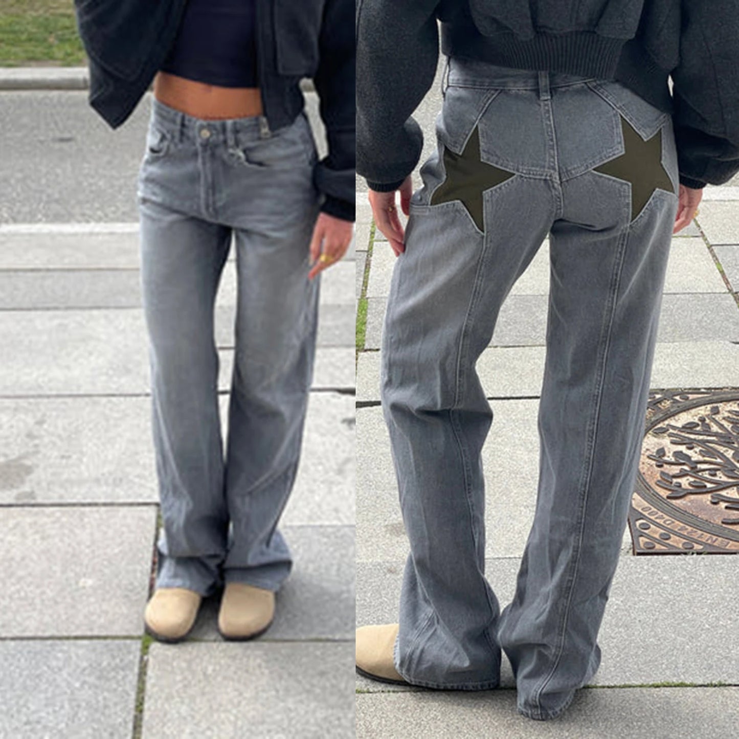 Dame Jeans med Stjerneprint | Løs Pasform | Lav Talje | Vintage Y2K Denim Bukser